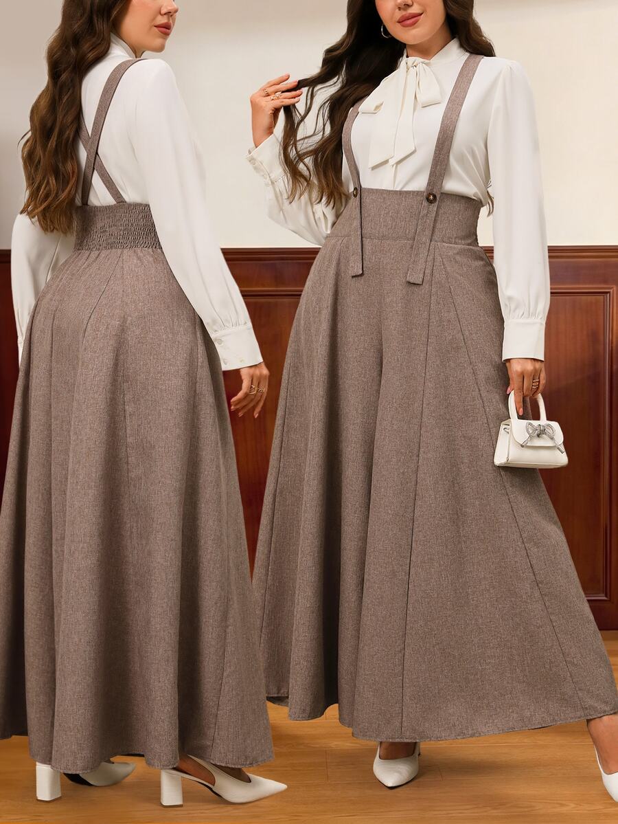 Auvina Plus Size Women's All-Season High Waist Wide Leg Jumpsuit, Two-Tone Fabric With Button Decor, Loose Fit Flared Pants For Commuting, Vacation And Daily Wear - Coffee Brown - View 1