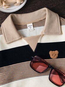 SHEIN 畢業季返校大學風 2件套 男童休閒舒適百搭純色 Polo 領長袖衛衣 + 長褲運動套裝 刷毛加厚抓絨校園服 - 卡其色 - 查看 3