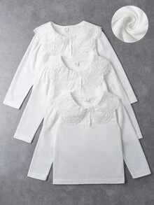 Elladie kids 女童白色 3 件組長袖 Polo 衫，彼得領配精緻愛心鈕扣，基本純色修身長袖 T 恤，適合返校季 - 白色 - 查看 1