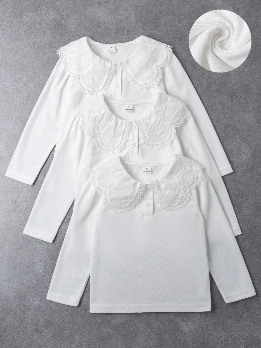 Elladie kids 女童白色 3 件組長袖 Polo 衫,彼得領配精緻愛心鈕扣,基本純色修身長袖 T 恤,適合返校季 - 白色 - 查看 1