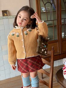 DAZY Infant/Toddler (Girl) Autumn/Winter Long Sleeve Colorblock 3D Korean Style Versatile Cardigan - Khaki - View 6