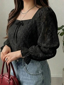 Dazy Plus Bowknot Decor Lace Puff Short Sleeve Elegant Versatile Spring Summer Apricot T-Shirt Fall - Black - View 1