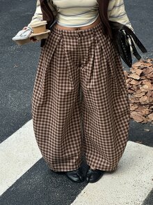 Muchica New Autumn Plus-Size Women's American-Style Plaid Wide-Leg Trousers With Pleats And Curved Hem Fall - Multicolor - View 5