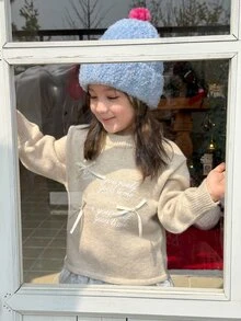 DAZY Infant (Girl) Round Neck English Print Bow Long Sleeve Autumn/Winter Sweater - Beige - View 5