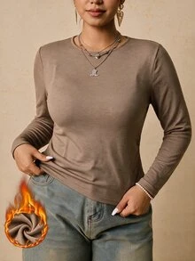 Freevana 大尺碼女款黑色長袖圓領保暖底層衣，抓皺收腰收腹T恤 - 卡其色 - 查看 1