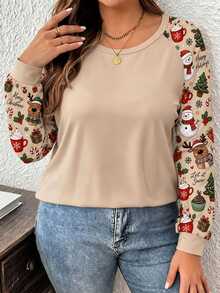 Mellowie Christmas Santa Claus Christmas Tree Print Plus Size Women Casual Raglan Sleeve Crew Neck Loose Fit T-Shirt Suitable For Spring And Autumn, Party Fall - Multicolor - View 3