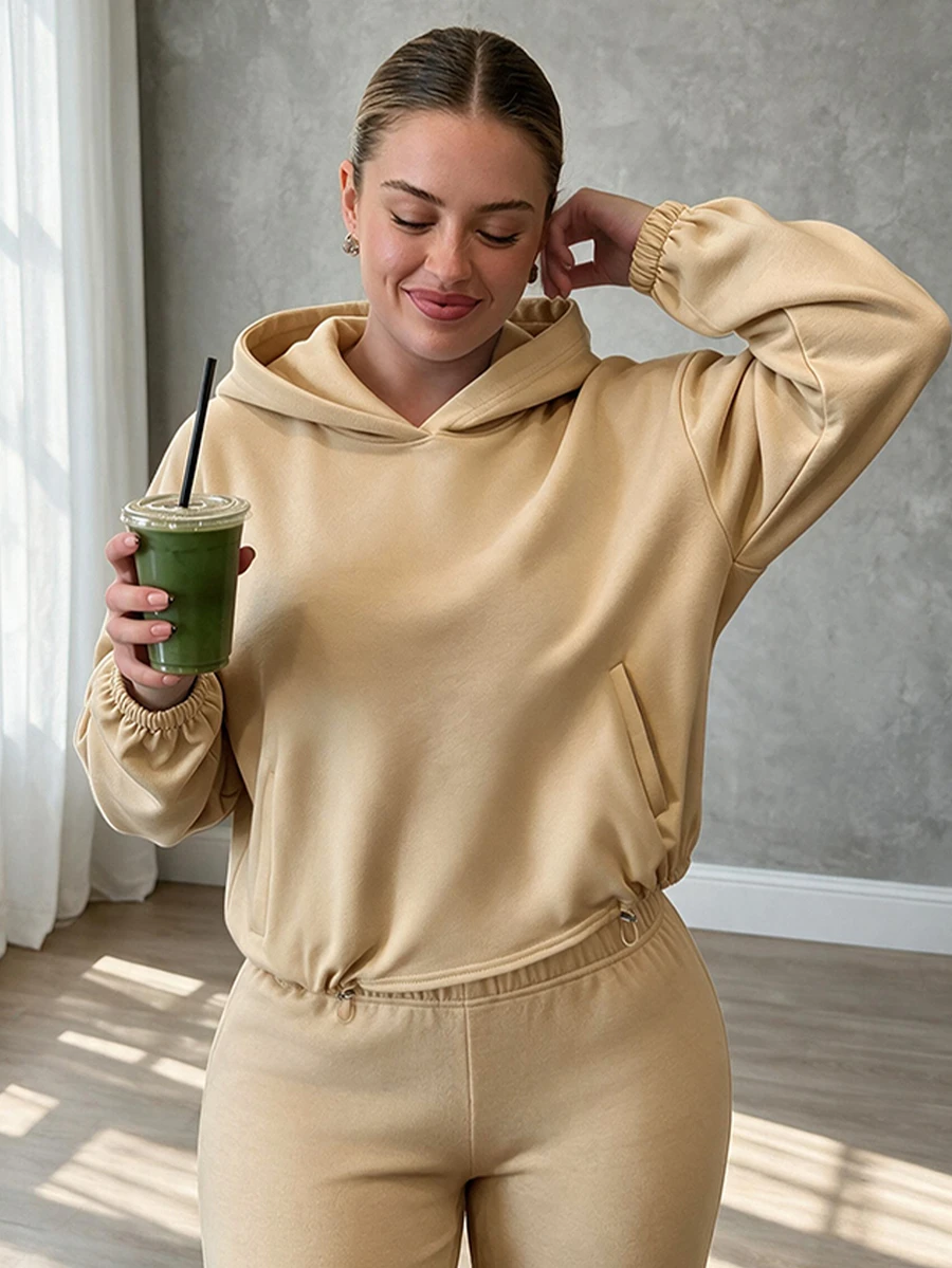 Elenzga Plus Size Women's Pocket Long Sleeve Hoodie And Pants Set Fall - Khaki - View 1