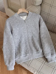 SHEIN جاكيت خريف/شتاء كاجوال محبوك للأطفال الفتيات المراهقات، رمادي فاتح بنسيج بارز متعدد الاستخدامات - رمادي - مشاهدة 9