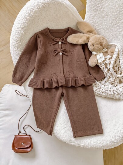 LMoss Kids Young Girl Knit Solid Color Cute Bow Pattern Lace Trim Knit Top And Pants 2 Pieces Set, Suitable For Autumn/Winter