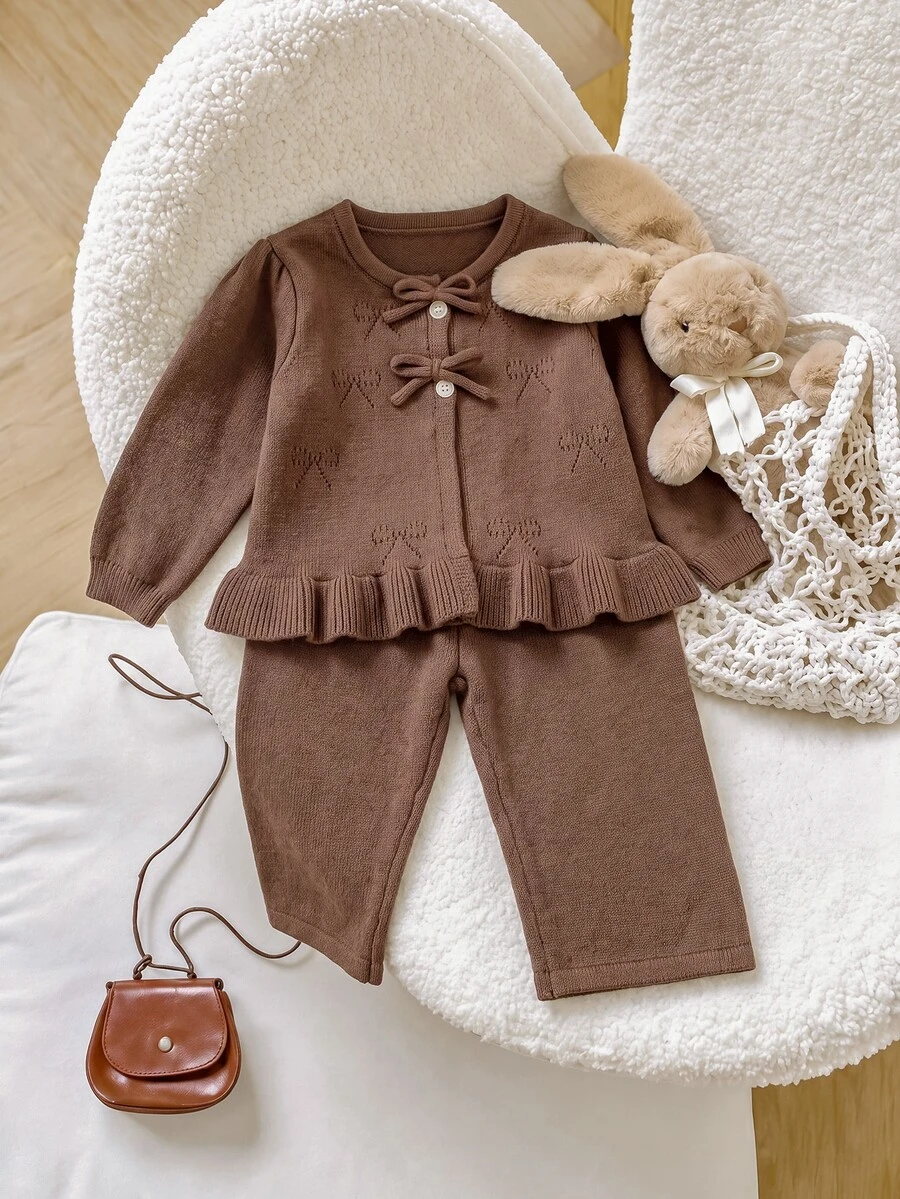 LMoss Kids Young Girl Knit Solid Kids Color Cute Bow Pattern Lace Trim Knit Top And Pants 2 Pieces Set, Suitable For Autumn/Winter - Brown - View 1
