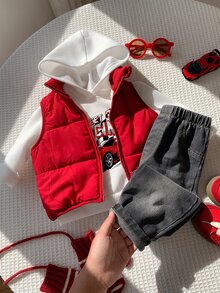 SHEIN 3件組男嬰秋冬紅色刷毛背心外套賽車圖案白色連帽衛衣黑色牛仔褲外套套裝嬰兒服飾背心套裝秋冬套裝賽車套裝 - 彩色 - 查看 6