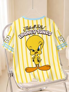 LOONEY TUNES X SHEIN Plus Size Women's Letter Striped Round Neck Short Sleeve Casual T-Shirt - White - View 2