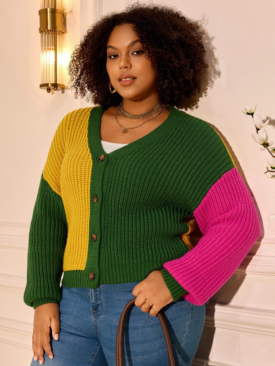 BrightlyHer Plus Size Women's Colorblock Casual Daily Cardigan - Multicolor - View 1
