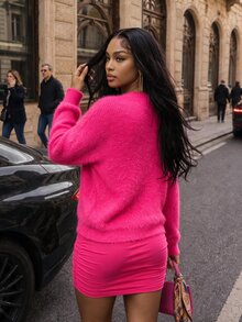BamGleam Autumn/Winter Fashion Faux Mink Chain Cardigan Sweater - Hot Pink - View 2