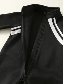 男嬰女嬰對比色編織帶圓領長袖連身褲，百搭舒適，適合秋冬穿著 - 黑色 - 查看 4