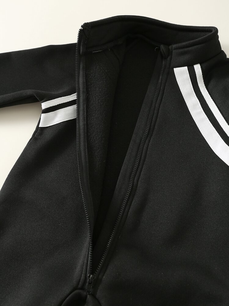 Baby Boy Baby Girl Baby Boy Contrast Color Woven Tape Crew Neck Long Sleeve Romper Pants, Versatile And Comfortable For Autumn/Winter - Black - View 4