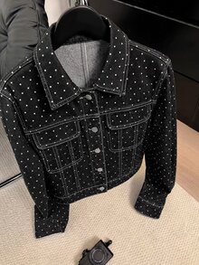 Livesso Women's Polka Dot Single-Breasted Casual Daily Denim Jacket - Black - View 5
