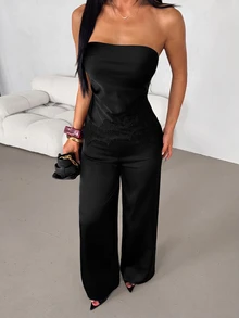 SHEIN PETITE Women's Satin & Lace Patchwork Bandeau Top And Long Pants 2 Pieces Set - Black - View 7