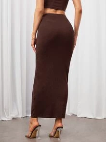 SHEIN Tall 純色鉛筆裙黑色緊身裙，適合高個女性 - 咖啡棕 - 查看 2