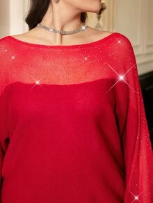 SHEIN Clasi Plus Size Fashion Versatile Sequin Long Sleeve Knit Top - Red - View 3