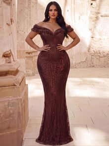 Elovaire Autumn/Winter Elegant Classy Sequin Off-Shoulder Backless Mermaid Hem Formal Evening Dinner Gown, Wedding Guest Dress, Graduation Ceremony Brown - Brown - View 3