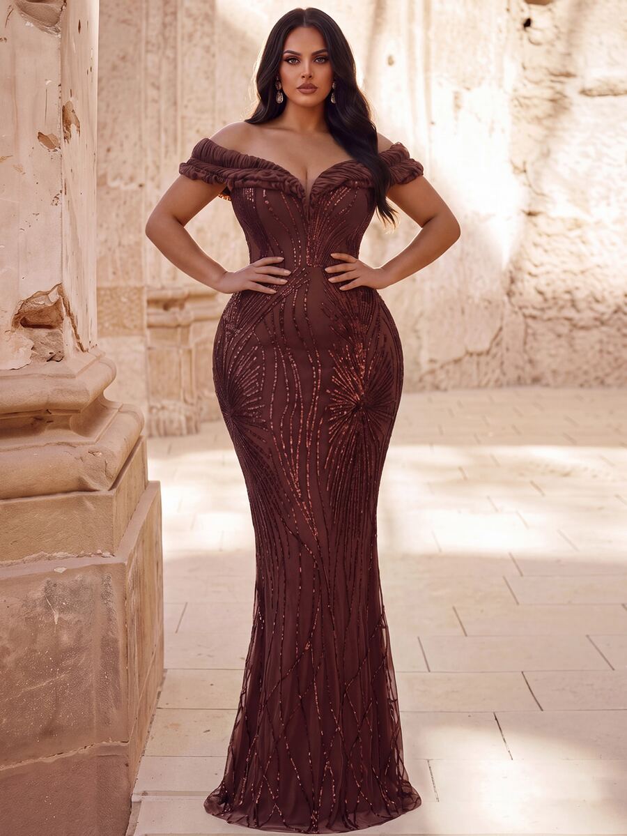 Elovaire Autumn/Winter Elegant Classy Sequin Off-Shoulder Backless Mermaid Hem Formal Evening Dinner Gown, Wedding Guest Dress, Graduation Ceremony Brown - Brown - View 1