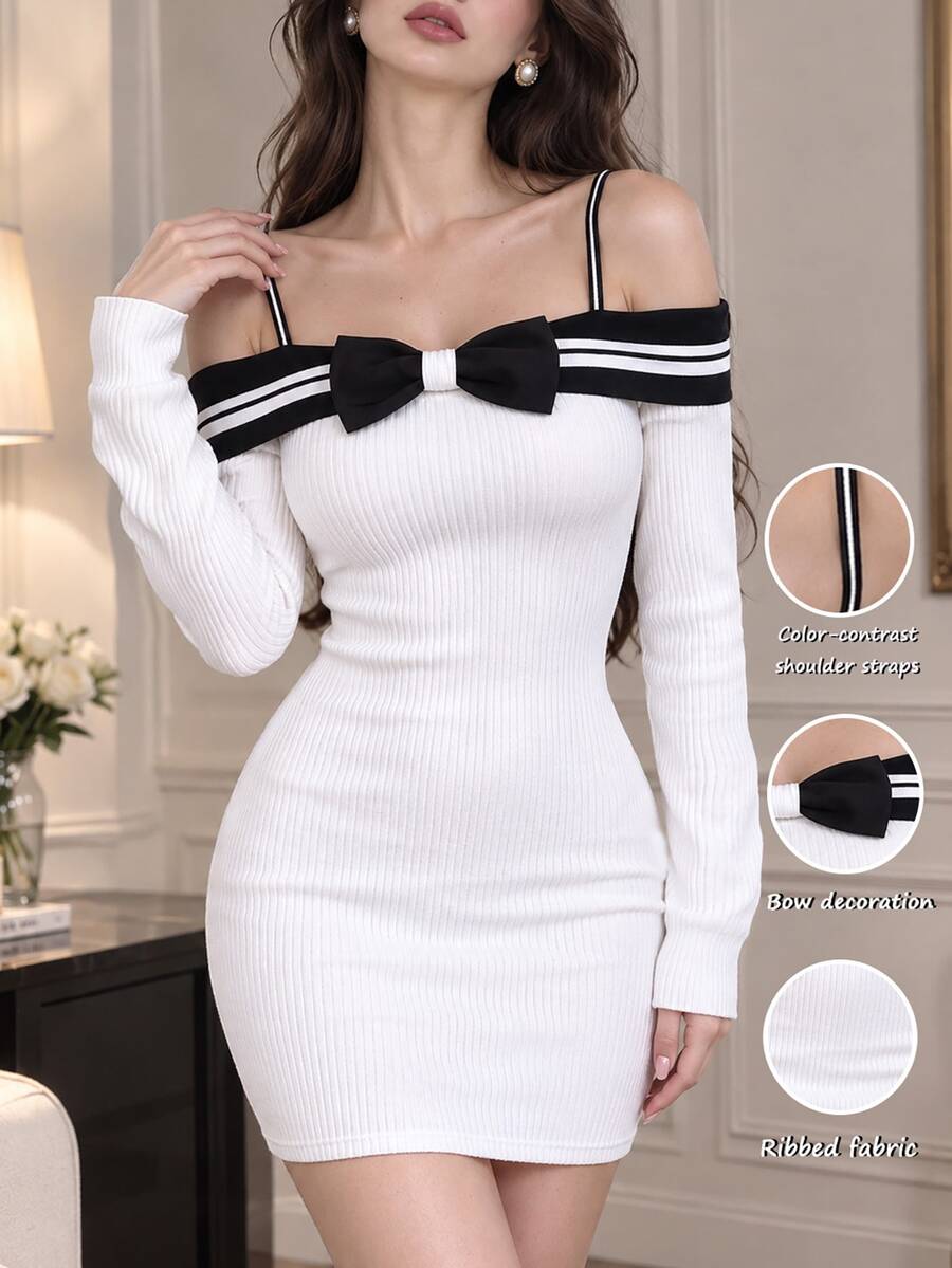Cévolie Contrast Stripe Big Bow Decor Cold Shoulder Long Sleeve Fitted Bodycon Dress - Beige - View 1