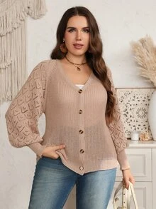EMERY ROSE Plus Size Women's Solid Color Casual Versatile Daily Outing Cardigan Fall Winter 2026 Khaki Cardigan Casual Autumn And Winter Sweater - Brown - View 4