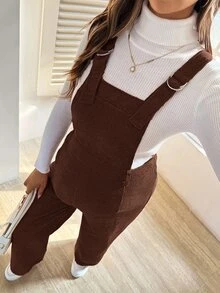 SHEIN 孕婦粉色燈芯絨紋理休閒連身褲 秋季孕婦裝 秋季孕婦吊帶褲 孕婦連身褲 女款 - 棕色 - 查看 4