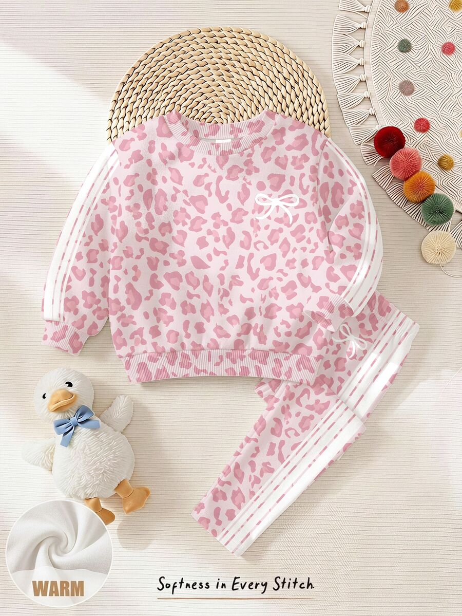 Baby Girl Casual Minimalist Loose Round Neck All-Over Print Sweatshirt And Elastic Waist Long Pants Set, Suitable For Autumn/Winter - Multicolor - View 1