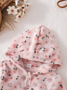 SHEIN 女嬰冬季連帽抓絨外套，拉鍊開合設計，寬鬆連帽版型，保暖百搭 Diptsy 花卉印花毛茸茸外衣 - 粉色 - 查看 4