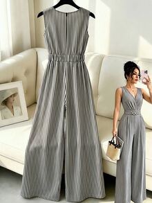 GlowEve CURVE Plus Size Women's Elegant Solid Color V-Neck Sleeveless Gold Decor Waist Buckle Cinched Waist Wide Leg Jumpsuit, Suitable For Spring/Summer Commute And Daily Wear - Black and White - View 2