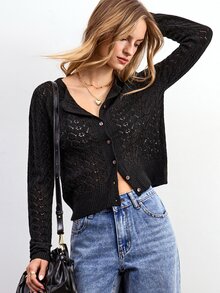 Willow Rêve Women's Solid Color Casual Versatile Daily Outing Cardigan - Black - View 3