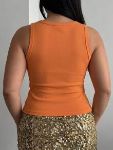 Livesso Plus Size Women's Autumn/Winter New Heavy Rhinestone Embellished Fitted Tank Top - Orange - View 2