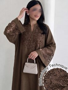 Al Najma Spring/Summer Fashion V-Neck Flared Sleeve Patchwork 3D Embroidered Lace Trim Full Skirt Dress - Brown - View 4