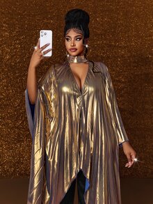 Maweii New Asymmetrical V-Neck Pleated Loose Fit Women's Blouse Top - Gold - View 3