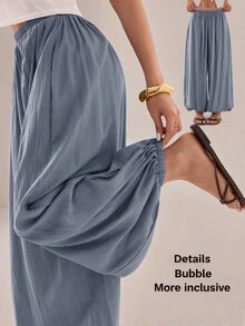 SHEIN PETITE 2026 女款春夏度假系列：優雅橄欖綠寬鬆喇叭褲，適合嬌小女性 - 藍色 - 查看 1