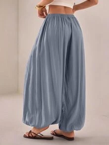 SHEIN PETITE 2026 女款春夏度假系列：優雅橄欖綠寬鬆喇叭褲，適合嬌小女性 - 藍色 - 查看 2