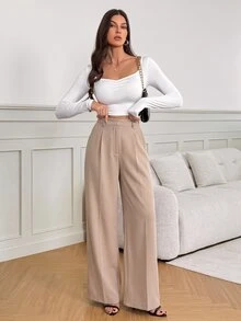 SHEIN Tall 女款黑色高腰寬腿長褲，優雅商務休閒上班西裝褲，高挑百搭純色秋冬老錢風正裝褲 - 駝色 - 查看 5