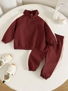 SHEIN 男女嬰兒/幼兒 2件組 秋冬休閒時尚拼色拼接立領運動衫套裝，夾克套裝，嬰兒運動服，嬰兒冬裝 - 紅色 - 查看 7