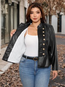 Chikora Plus Size Women's PU Leather Long Sleeve Button Design Napoleon Jacket - Brown - View 8