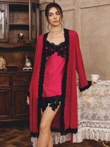 Côtesoire Women's Lace Patchwork Asymmetrical Hem Nightgown With Cardigan Pajama Set - Burgundy - View 3