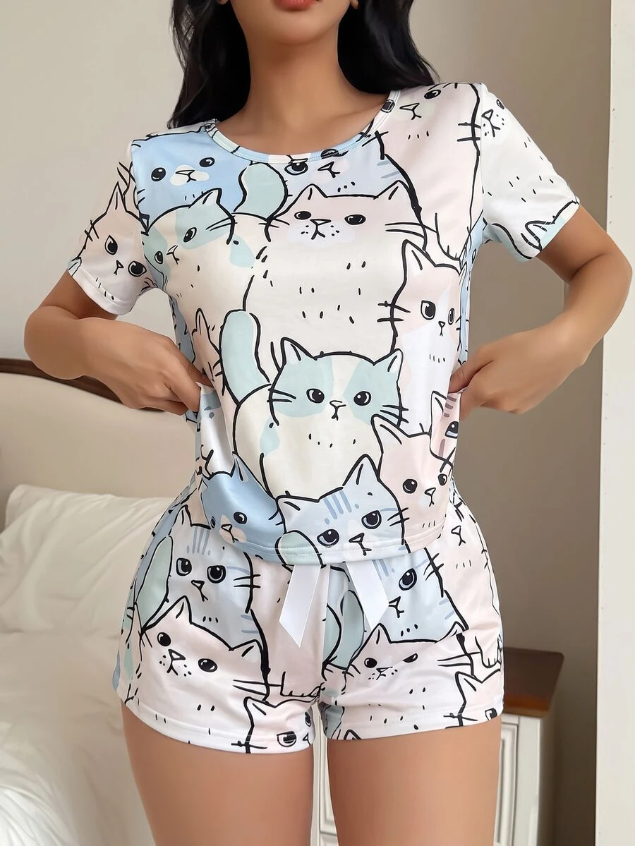 SweetSlumber Ins風甜美貓咪印花家庭情侶女款睡衣套裝 - 彩色 - 查看 1