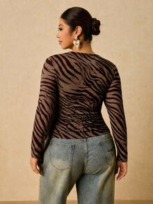 Travachic Plus Size Korean Style Zebra Print Long Sleeve T-Shirt - Multicolor - View 2
