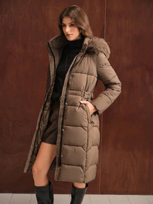Anewsta Quilted Detachable Hood Cinched Waist Mid-Length Women's Padded Coat - Mocha Brown - View 3