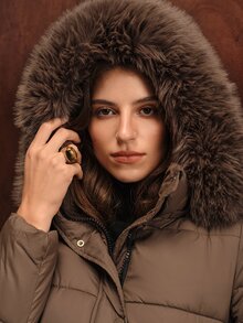 Anewsta Quilted Detachable Hood Cinched Waist Mid-Length Women's Padded Coat - Mocha Brown - View 5