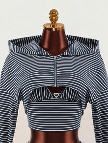 Mistrie Women's Striped Zipper Front Cropped Hoodie, Cropped Halter Top And Skirt Set - Multicolor - View 9