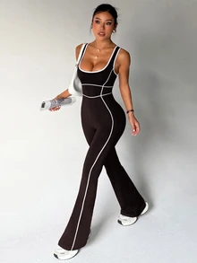 SHEIN Sports 女款瑜伽戶外健身連身褲，寬肩帶緊身顯瘦喇叭褲，對比色條紋設計 - 棕色 - 查看 3