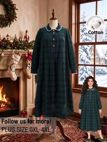 Rusticease Plus Size Colorblock Button Front Patchwork Collar Peter Pan Collar Long Sleeve Dress Elegant Formal Fall Winter 2026 - Multicolor - View 1