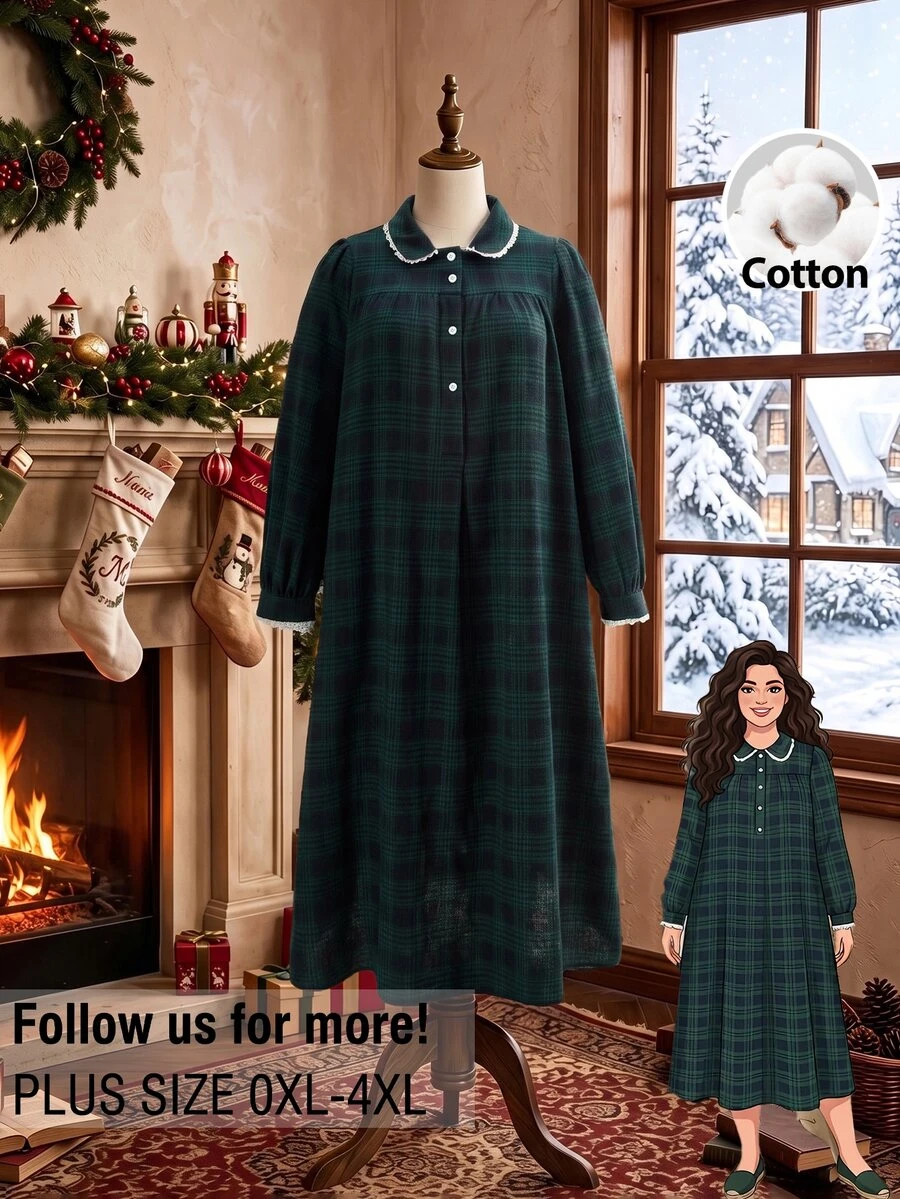 Rusticease Plus Size Colorblock Button Front Patchwork Collar Peter Pan Collar Long Sleeve Dress Elegant Formal Fall Winter 2026 - Multicolor - View 1